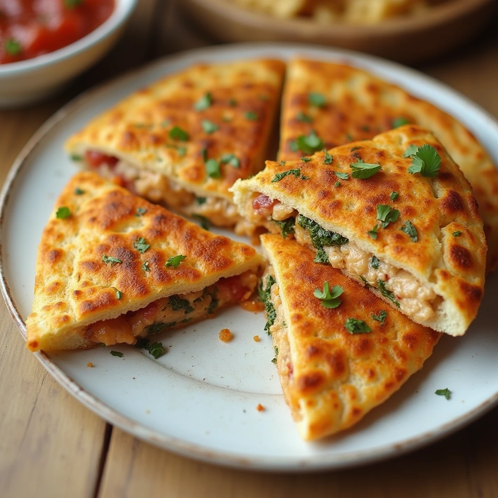 Close-up view of a freshly made quesadilla filled with melted cheese, grilled chicken, and colorful vegetables, served with a side of guacamole and salsa.