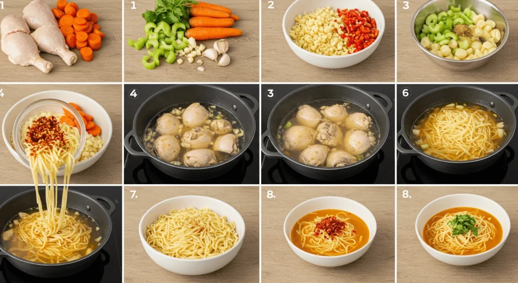 spicy chicken noodle soup Step-by-Step Instructions